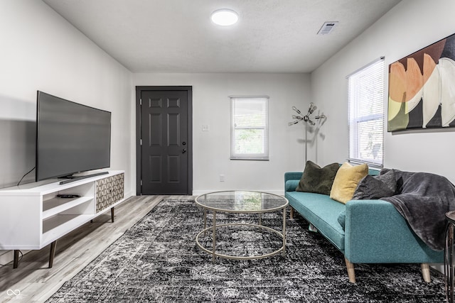 living room featuring hardwood / wood-style flooring and a textured ceiling