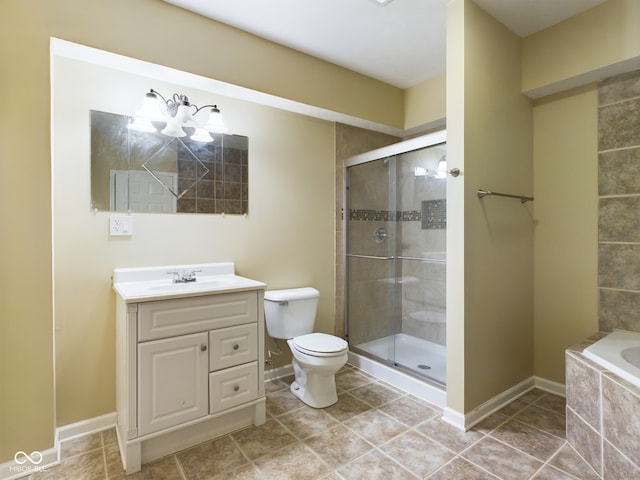 full bathroom with shower with separate bathtub, vanity, toilet, and tile patterned floors