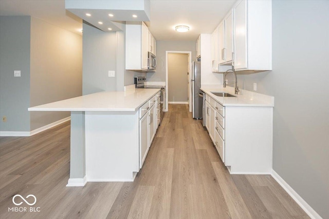 kitchen with white cabinets, sink, light wood-type flooring, kitchen peninsula, and stainless steel appliances