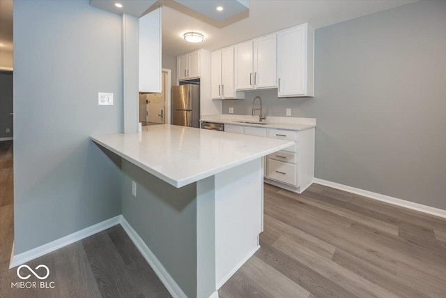 kitchen featuring white cabinetry, sink, kitchen peninsula, appliances with stainless steel finishes, and light wood-type flooring