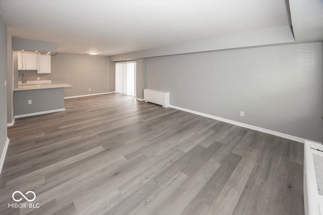 unfurnished living room featuring radiator and wood-type flooring