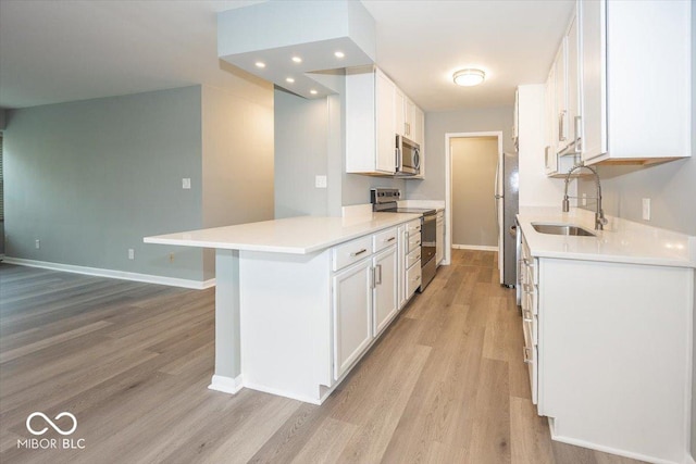 kitchen with a kitchen bar, appliances with stainless steel finishes, kitchen peninsula, sink, and white cabinets