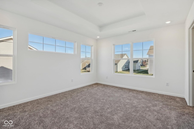 carpeted empty room with a tray ceiling