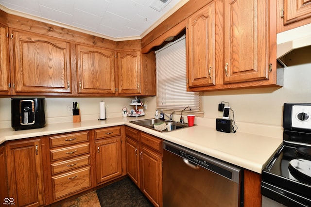 kitchen with sink, black range oven, and stainless steel dishwasher