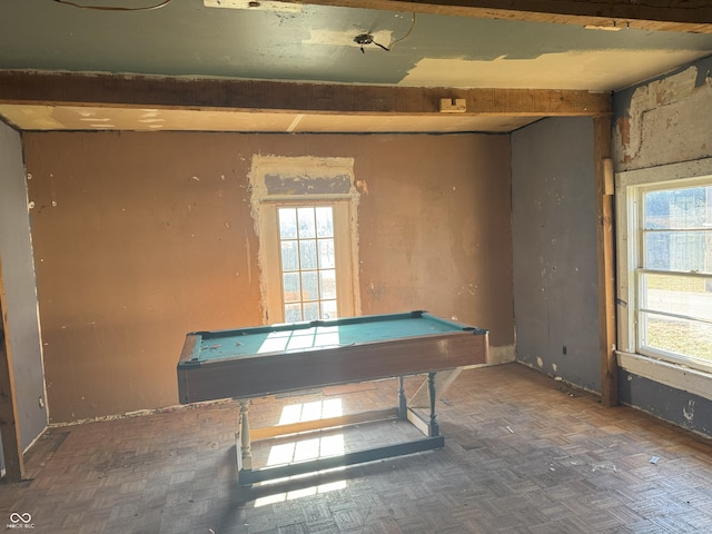 rec room with dark parquet flooring and billiards