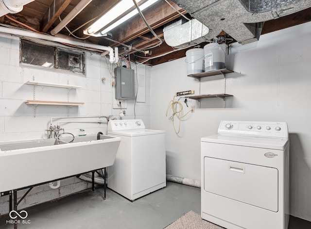 laundry room featuring washer and dryer, sink, and electric panel