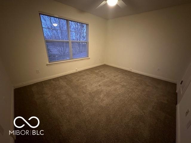 carpeted spare room featuring ceiling fan