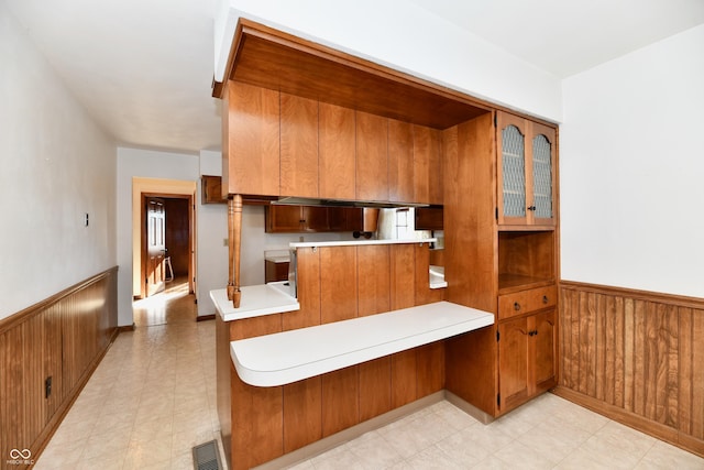 kitchen featuring kitchen peninsula and wooden walls