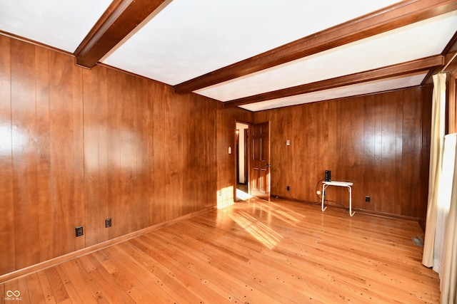 unfurnished room featuring wood walls and beam ceiling