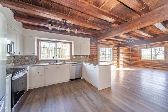 kitchen featuring kitchen peninsula, appliances with stainless steel finishes, white cabinetry, and a healthy amount of sunlight