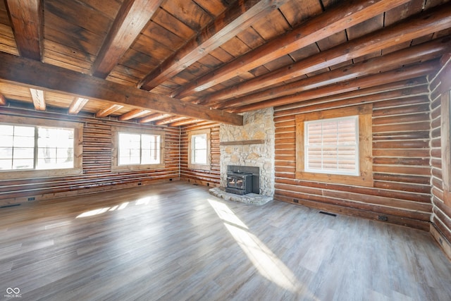 unfurnished living room with hardwood / wood-style flooring, a wood stove, and wooden ceiling