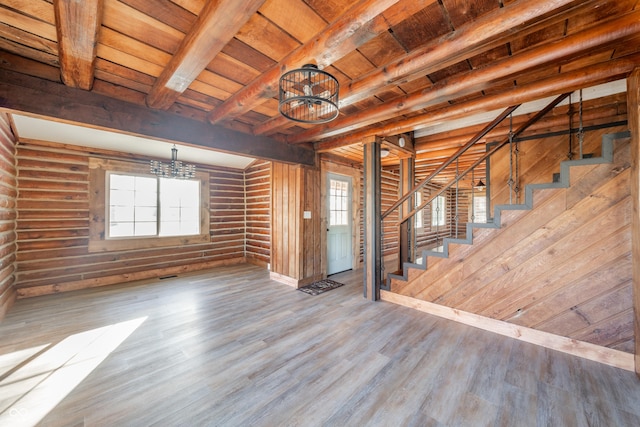 basement with hardwood / wood-style flooring, wooden walls, and wood ceiling