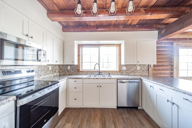 kitchen featuring white cabinets, sink, appliances with stainless steel finishes, dark hardwood / wood-style flooring, and wood ceiling