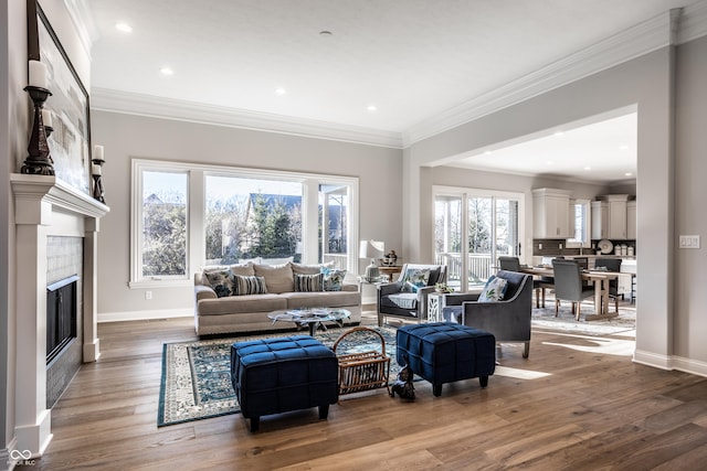 living room with crown molding, a healthy amount of sunlight, and wood-type flooring