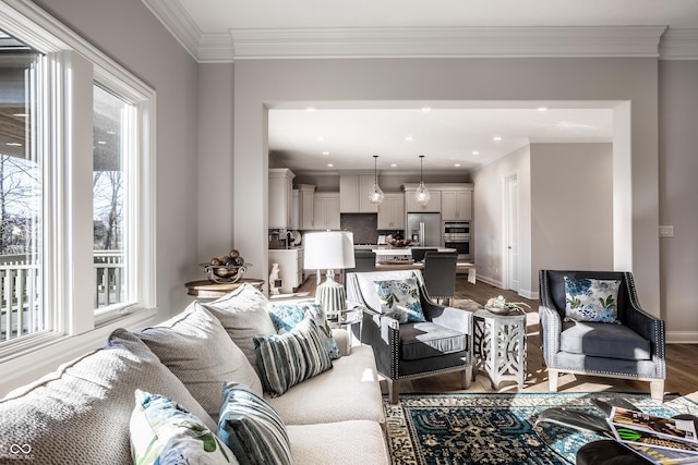 living room featuring hardwood / wood-style flooring and crown molding