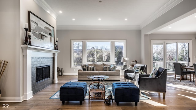 living room with hardwood / wood-style flooring and crown molding