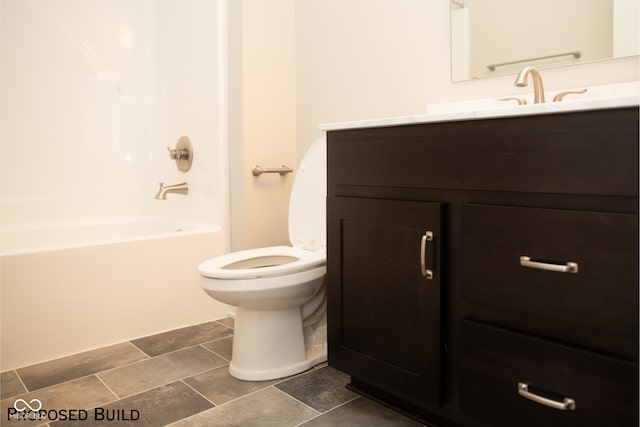 full bathroom with vanity,  shower combination, and toilet