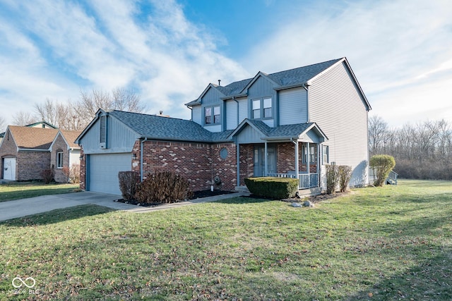 view of front of home featuring covered porch, a front yard, and a garage