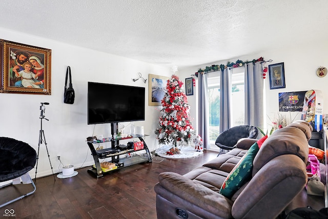 living room with a textured ceiling and dark wood-type flooring