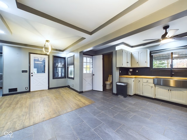 kitchen featuring plenty of natural light, ceiling fan, sink, and dark wood-type flooring