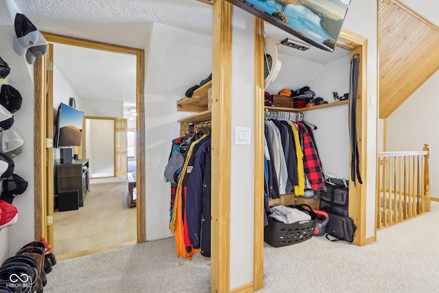 spacious closet featuring lofted ceiling and carpet