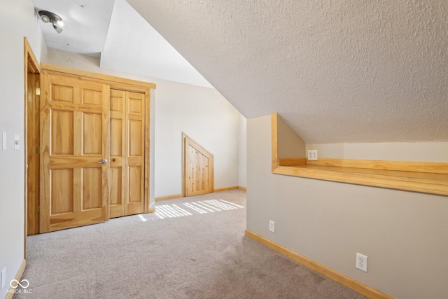 additional living space featuring lofted ceiling, carpet floors, and a textured ceiling