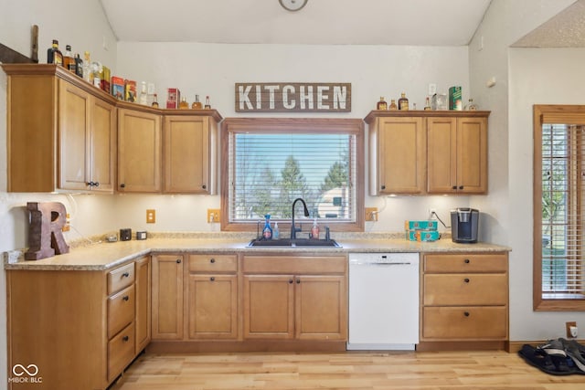 kitchen with sink, dishwasher, and light wood-type flooring