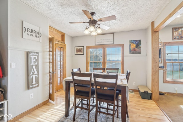 dining room featuring wood-type flooring, a wealth of natural light, ceiling fan, and a textured ceiling