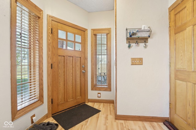 foyer entrance featuring a healthy amount of sunlight, light hardwood / wood-style flooring, and a textured ceiling