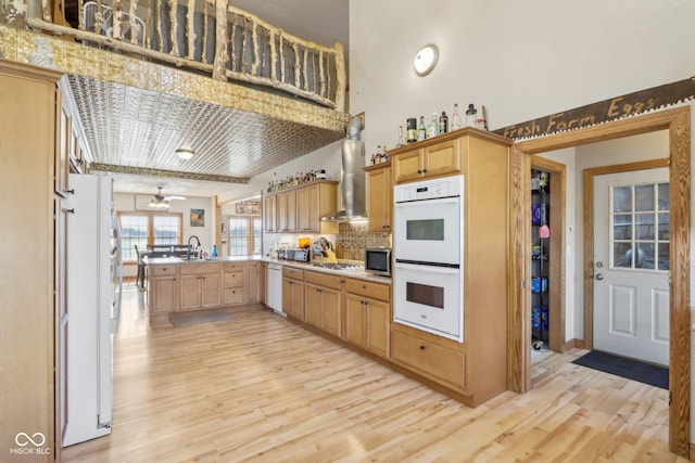 kitchen with sink, appliances with stainless steel finishes, light hardwood / wood-style floors, kitchen peninsula, and wall chimney exhaust hood