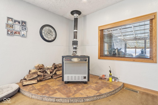 interior details with carpet flooring and a textured ceiling