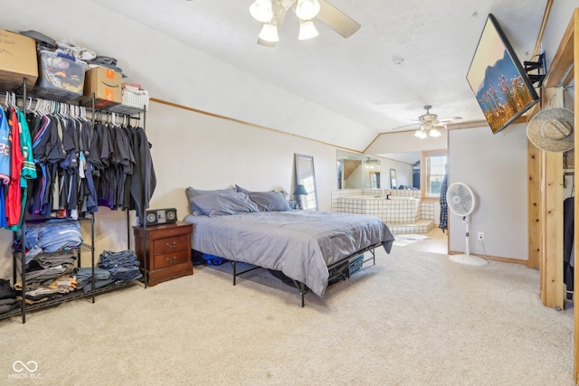 bedroom with carpet, lofted ceiling, and ceiling fan