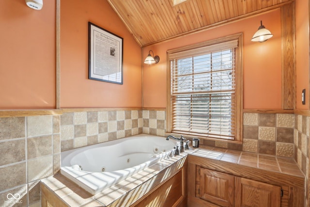 bathroom featuring lofted ceiling, wood ceiling, and a relaxing tiled tub