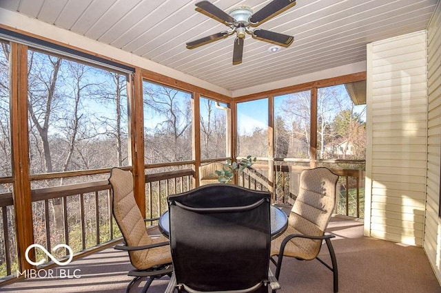 sunroom / solarium with ceiling fan and wooden ceiling