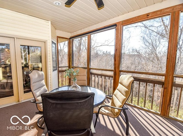 sunroom / solarium with ceiling fan, a healthy amount of sunlight, and wooden ceiling