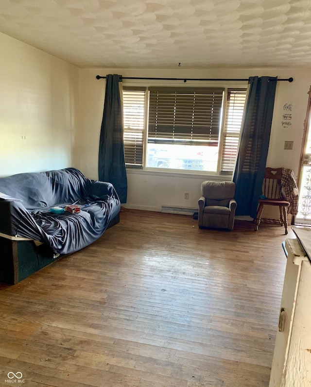 sitting room with wood-type flooring and a baseboard radiator