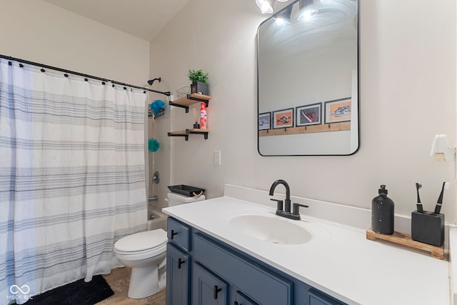 full bathroom featuring toilet, vanity, and shower / tub combo with curtain