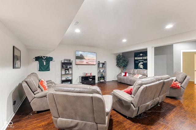 living room featuring dark wood-type flooring