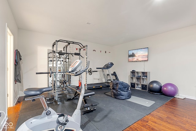 workout room featuring dark wood-type flooring