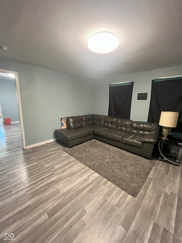 living room featuring wood-type flooring and a textured ceiling