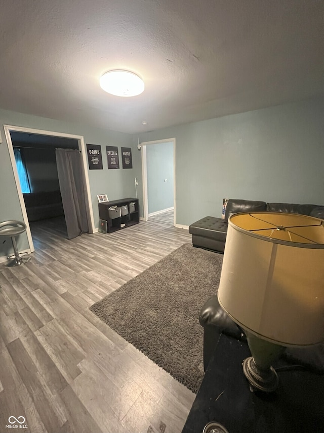 living room featuring wood-type flooring and a textured ceiling