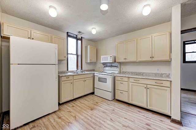 kitchen with white appliances, light hardwood / wood-style floors, and plenty of natural light