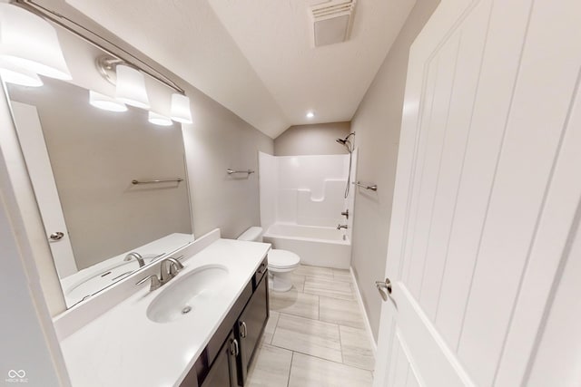 bathroom with visible vents, shower / bath combination, vanity, and toilet