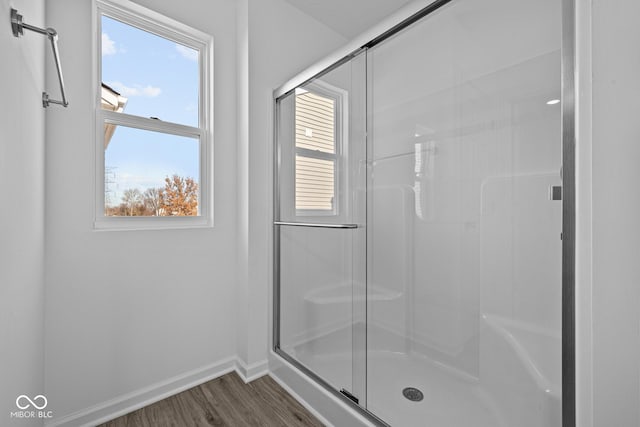 bathroom with hardwood / wood-style flooring, a shower with door, and a healthy amount of sunlight