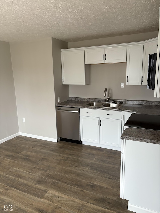 kitchen featuring white cabinetry, dishwasher, sink, dark hardwood / wood-style flooring, and a textured ceiling