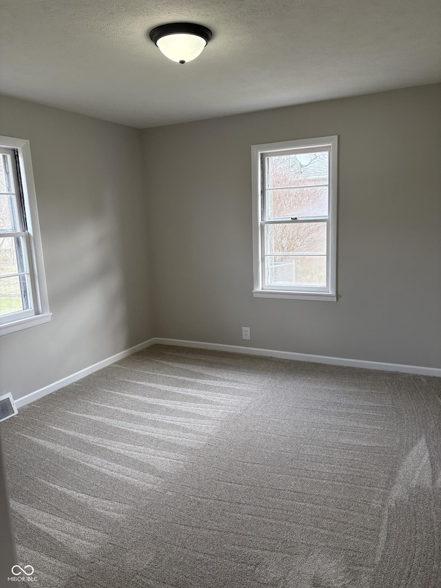 spare room featuring carpet flooring and a textured ceiling