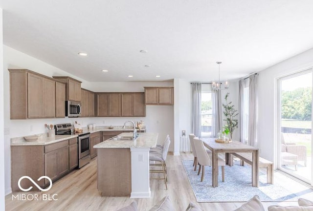 kitchen with sink, a center island with sink, plenty of natural light, and appliances with stainless steel finishes