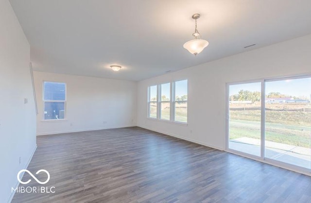 spare room with baseboards, dark wood-style flooring, and a wealth of natural light