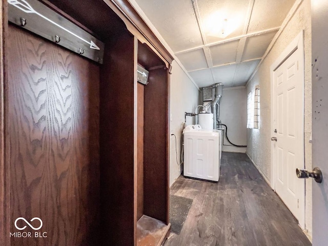 basement with dark wood-type flooring, washer / dryer, and gas water heater