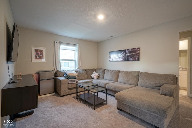 carpeted living room with a textured ceiling